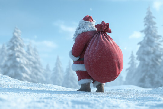 Santa Claus strides through a snowy wonderland, his red sack brimming with holiday cheer for children across the world.