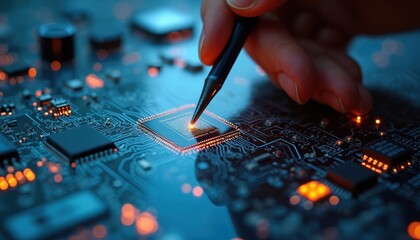 Cyber specialist examines intricate electronic board with stylus tool, examining tiny circuits and components. High tech analysis of digital hardware for security or data recovery.