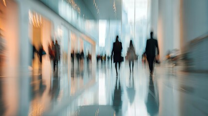 Modern business hub with people walking in motion blur, representing fast paced professional environment and commercial dynamism in urban spaces