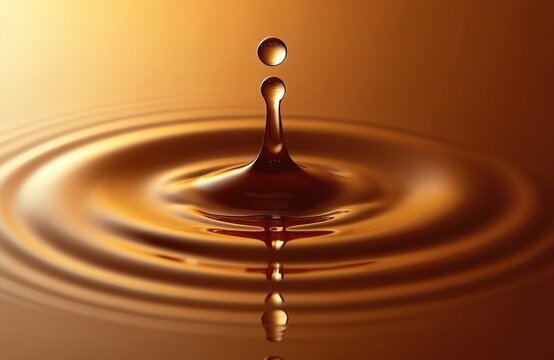 Amber liquid droplet falls into calm water creating circular waves. Close-up view of smooth surface with concentric rings forming. Abstract macro shot of fluid dynamics.