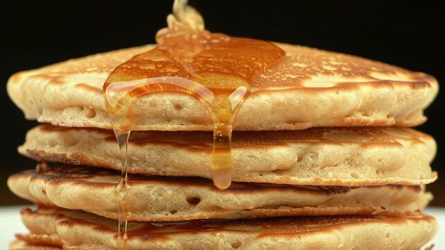 Stacked pancakes with syrup pouring, close-up, black background for breakfast and food concepts