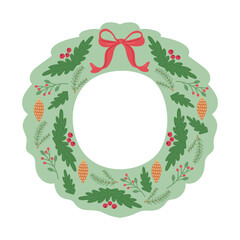 Green Christmas wreath with a red bow, pine cones, and berries. Festive decoration for a winter holiday. Greeting card template.