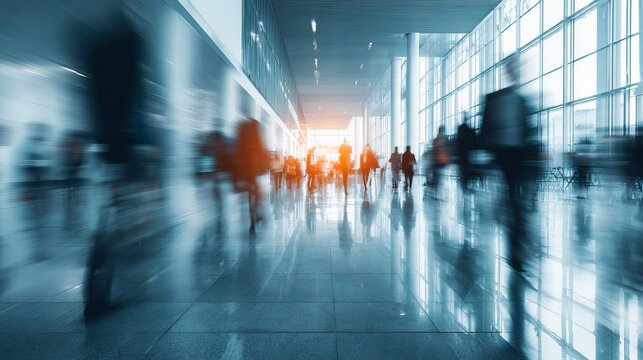 Dynamic movement of crowds in modern airport terminal creating a sense of urgency and connection to travel and global business, exciting journey ahead