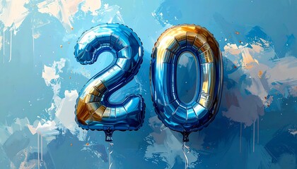 Digit-shaped balloons with a glossy sheen floating against a brushstroke background, a 20 symbol of celebration