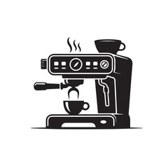 Black and white illustration of a coffee machine making espresso