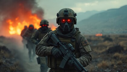 Fototapeta premium Soldiers in protective gear with glowing eyes march through battlefield smoke. Flames erupt behind them as they advance through dangerous combat zone. They are equipped with weapons, ready for action.