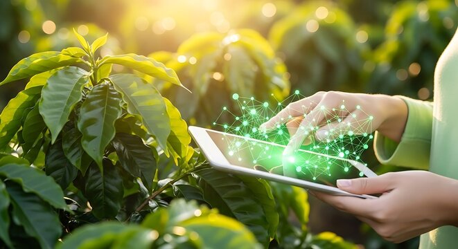 Modern Agriculture Technology Farmer Using Digital Tablet in Field for Crop Monitoring - Powered by Adobe