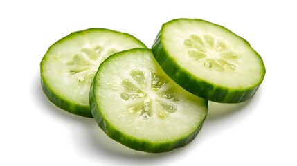 Fresh sliced cucumber rounds on a white background