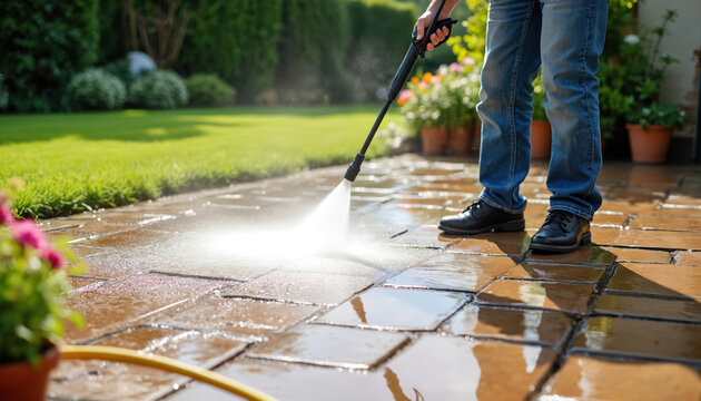 Person uses pressure washer on garden paving slabs. Man cleans patio floor with jet spray, water splashes, refreshes terrace outside. Home improvement, outside cleaning.
