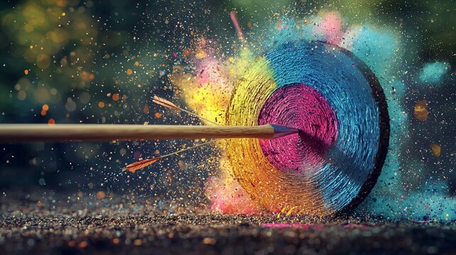 Arrow hitting the center of a colorful target with a vibrant explosion of powder and dynamic flying particles in dramatic motion