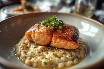 Gourmet salmon fillet served on a bed of creamy grains