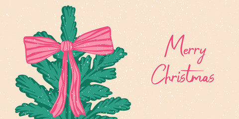 Merry Christmas banner, festive card with a pink bow. Holiday greeting card design.