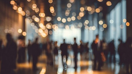 Blurred silhouettes of business people networking at a conference with bokeh lights, ideal for illustrating teamwork and modern business concepts