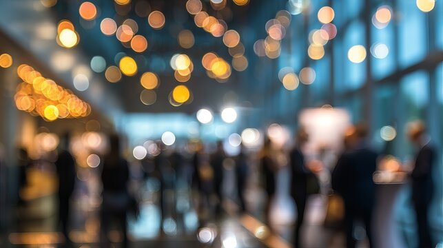 Elegant corporate event with soft lighting and blurred figures creating a warm, inviting atmosphere perfect for business networking and celebrations - Powered by Adobe