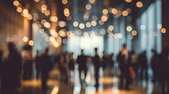 Blurred silhouettes of business people networking at a conference with bokeh lights, ideal for illustrating teamwork and modern business concepts
