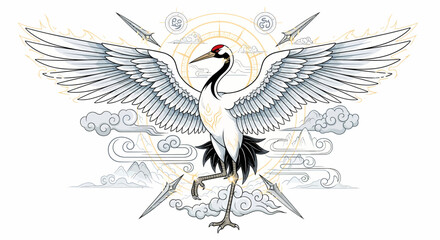 Obraz premium Majestic Crane with Sword Symbolism in Mythological Art