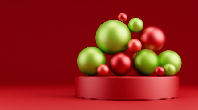 A cheerful display of red and green Christmas ornaments gathers on a round podium, creating a festive atmosphere fitting for holiday events and decorations