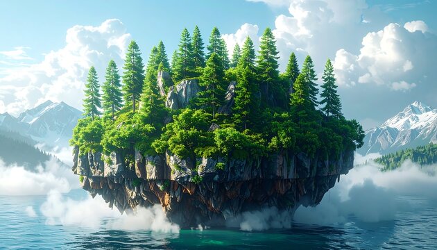 Floating island with trees, mountains, lake, and fluffy clouds