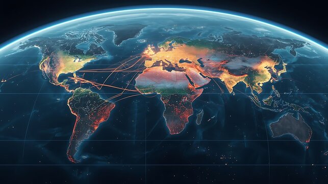 Global network connectivity across continents, digital communication