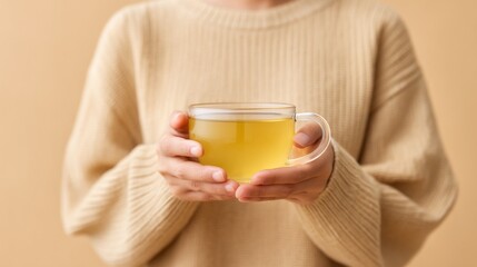 A young woman gently cradles a glass cup filled with steaming hot herbal tea, wrapped in a soft beige sweater. The warm color creates a calm and inviting atmosphere