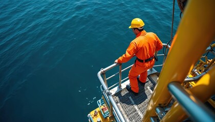 Worker in orange suit and hard hat stands on oil rig platform over deep blue ocean. Sailor looks down at waves. Safety gear secures man on industrial marine structure.