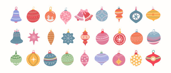 A set of various Christmas ornaments, bells, and holiday decorative elements with a festive design. Concept for the winter season and New Year's celebration.