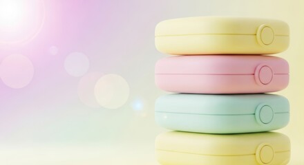 Stack of pastel colored round containers arranged vertically against a soft dreamy and brightly lit background