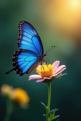 Fototapeta premium Cobalt blue butterfly perched on flower, sunlight, flower, spring