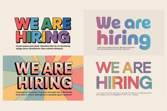 We are hiring announcement with colorful typography and abstract backgrounds