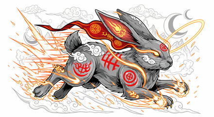 Fototapeta premium A mythical fire rabbit running with blazing speed under a crescent moon