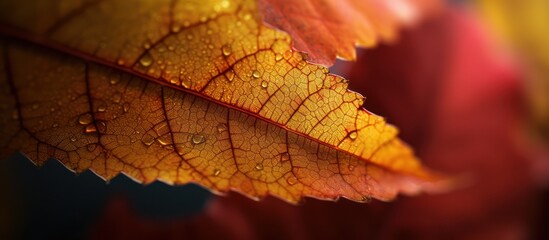 Autumns Embrace - A Close-Up of a Vibrant Leaf with Water Droplets.