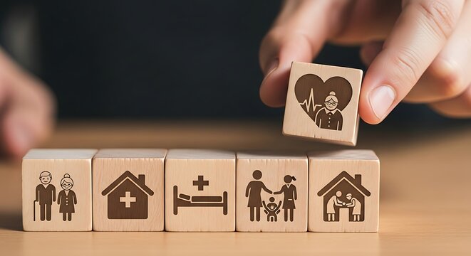 Hand placing a wooden block with heart and pulse icon on top of other blocks representing family, home, and healthcare services