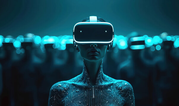 Person wearing glowing VR headset interacts with digital world. Many blurred figures in background wear similar gear. Futuristic tech advances connectivity and virtual experiences.