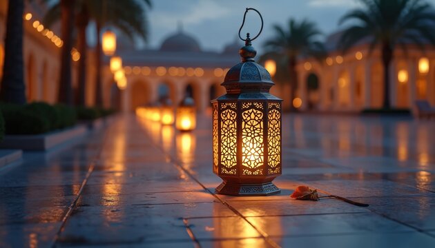 Ornate metal lantern glows with warm light on tiled ground near palm trees. Exotic oriental building with soft lights in background at dusk. Romantic evening ambiance.