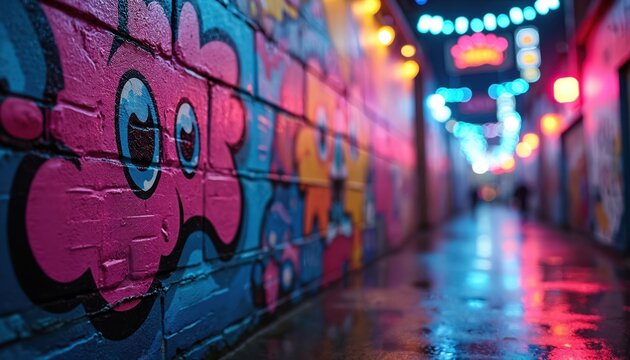 Colorful cartoon graffiti covers brick wall in wet alleyway at night. Neon lights glow creating vibrant reflections on slick ground. Urban street art scene.