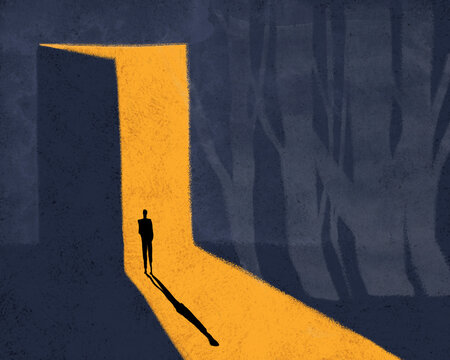 Man standing in minimalistic abstract light path symbolizing opportunity