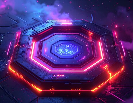 Futuristic digital artwork showcasing a glowing, octagonal structure with intricate layers, neon highlights, and a technological aesthetic - Powered by Adobe