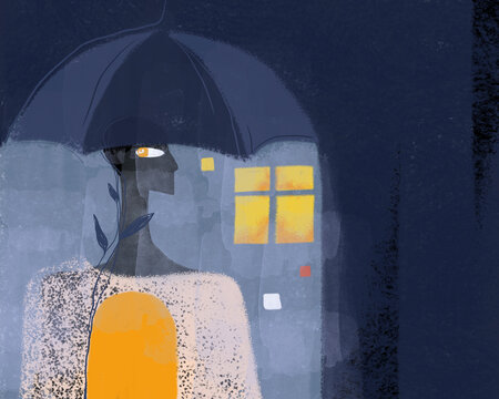 Abstract illustration of figure with umbrella in front of glowing house window