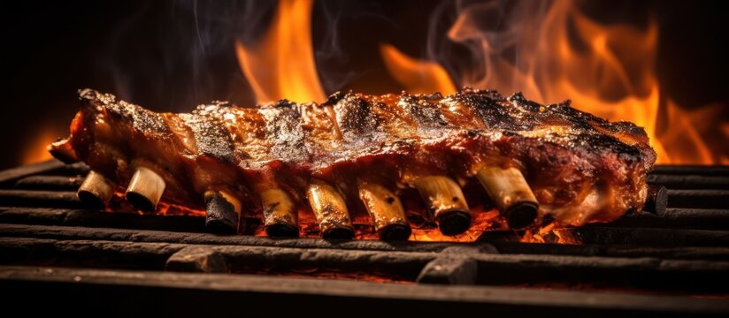 Delicious Grilled Ribs on a Fiery Grill - A Culinary Delight.