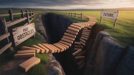 Achieving future goals by overcoming past obstacles with a wooden bridge spanning the gap, symbolizing vision, challenge, and success on the horizon