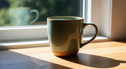 A tall olive green ceramic mug with a tan base sits on a wooden surface by a sunlit window