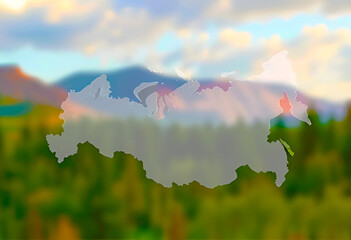 Blurred Silhouette of Russia Map Integrated with Natural Landscapes, Patriotic Travel Poster, Geographic Environmental Illustration