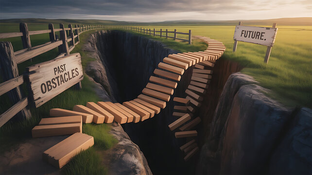 Achieving future goals by overcoming past obstacles with a wooden bridge spanning the gap, symbolizing vision, challenge, and success on the horizon - Powered by Adobe