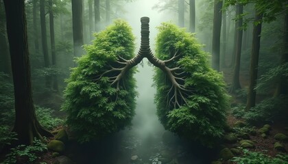 Surreal forest landscape where trees form human lungs shape. Green branches and leaves create breathable air ecosystem. Nature breathes life in foggy woods.