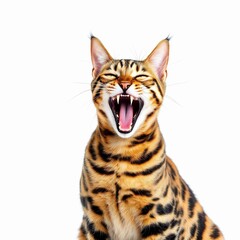 Bengal cat yawning with mouth wide open isolated on white background, revealing sharp teeth and a playful yet fierce expression