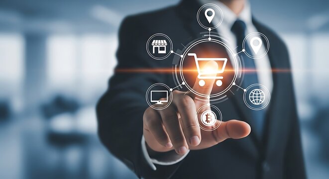 Businessman touching a glowing shopping cart icon surrounded by ecommerce related icons, representing online shopping and digital business - Powered by Adobe
