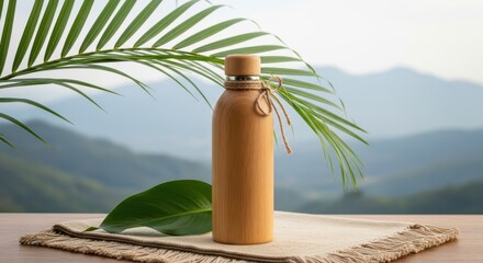 Eco friendly copper water bottle stands tall amidst lush green foliage with a serene mountain backdrop