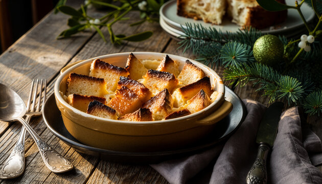 Traditional Bread Pudding with Golden Crust in Rustic Ceramic Dish - Powered by Adobe