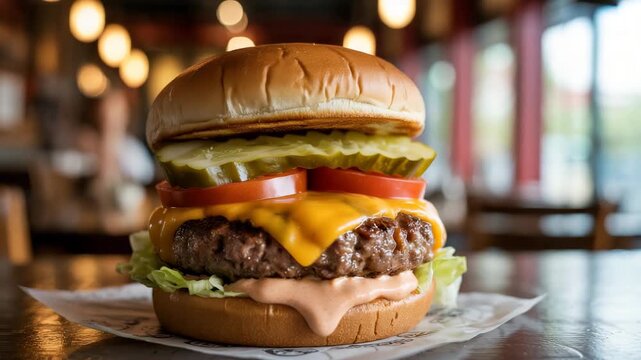 Juicy double cheeseburger with fresh lettuce and crispy bun on a white plate