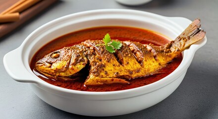 Spicy Red Curry Fish Dish in White Bowl on Dark Table